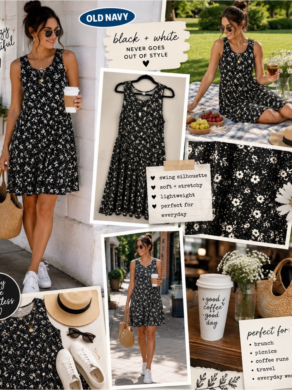 Old Navy Dress Medium Black White Floral Sleeveless Swing Stretch Bohemian Midi
